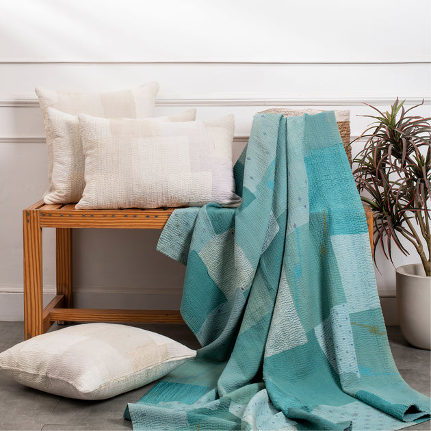 Mosaic Fray Handmade Vintage Kantha Throw Cornflower