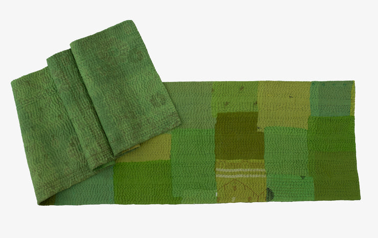 Mosaic Fray Handmade Vintage Kantha Table Runner - Lime Green
