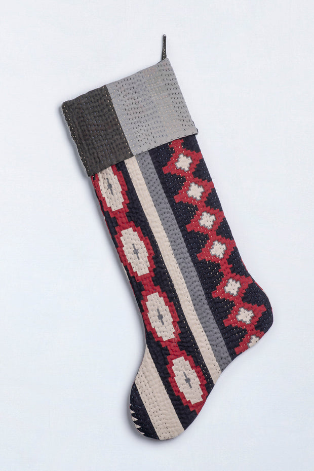 Monotone Ikat Handmade Vintage Kantha Stockings (Reversible) - Red
