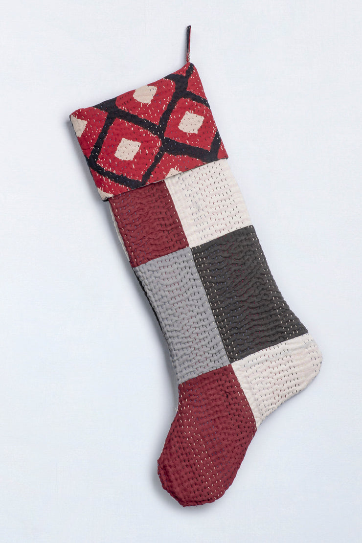 Monotone Ikat Handmade Vintage Kantha Stockings (Reversible) - Red